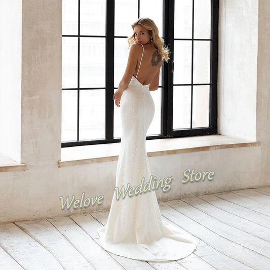 Beach A Line Chiffion Wedding Dresses V-neck Spaghetti Straps Backless Button Boho Bridal Gowns - The Clothing Company Sydney