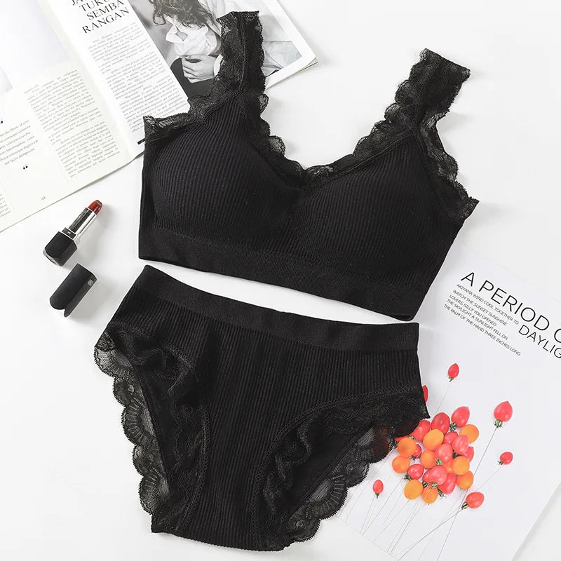 2 Piece Lace Underwear Set Padded Bra Set Women's Underwear Brassiere Fitness Crop Top Set - The Clothing Company Sydney