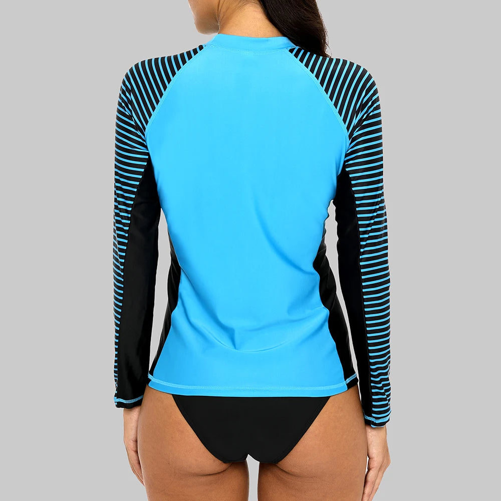 Womens Long Sleeved Rashguard Swimwear Striped Rash Guards Patchwork Surfing Swimsuits UPF50+ Top - The Clothing Company Sydney