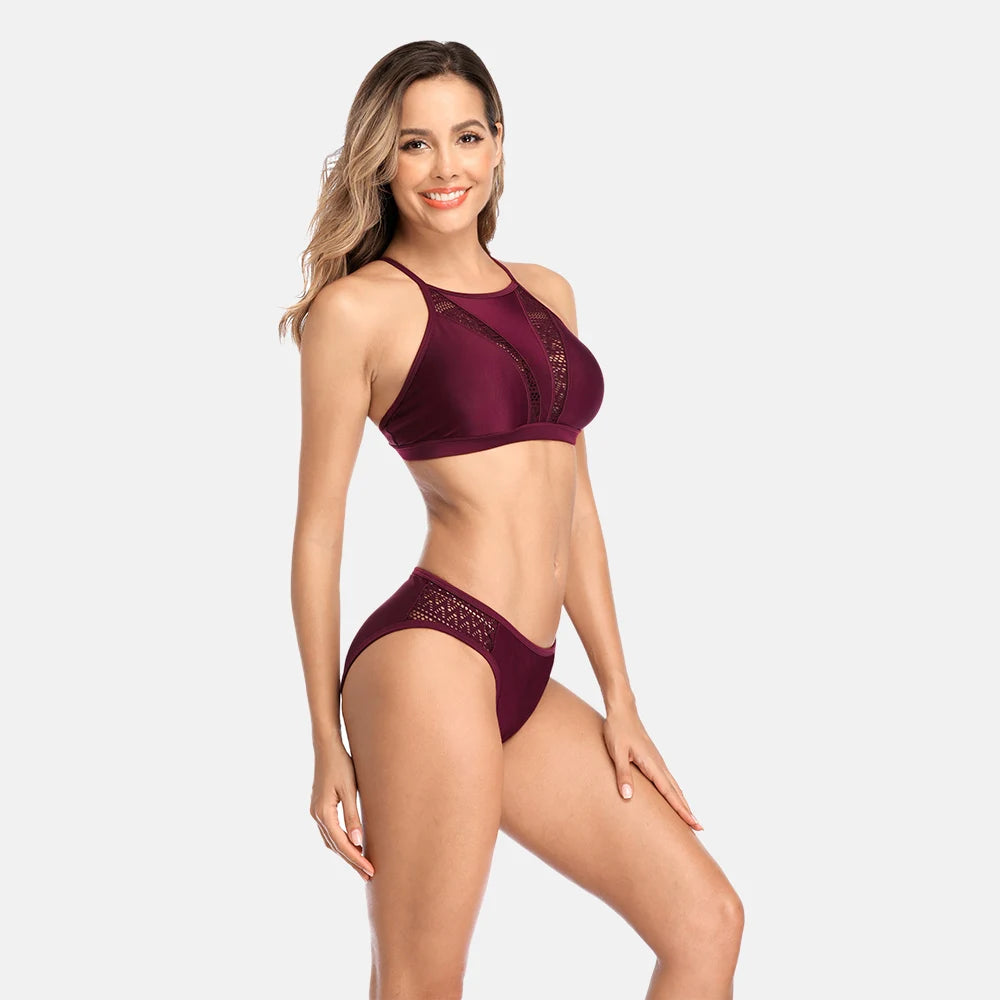 Women High Neck Bikini Set Solid Color Swimsuit Hollow Out Bandage Swimwear Push Up Beachwear - The Clothing Company Sydney