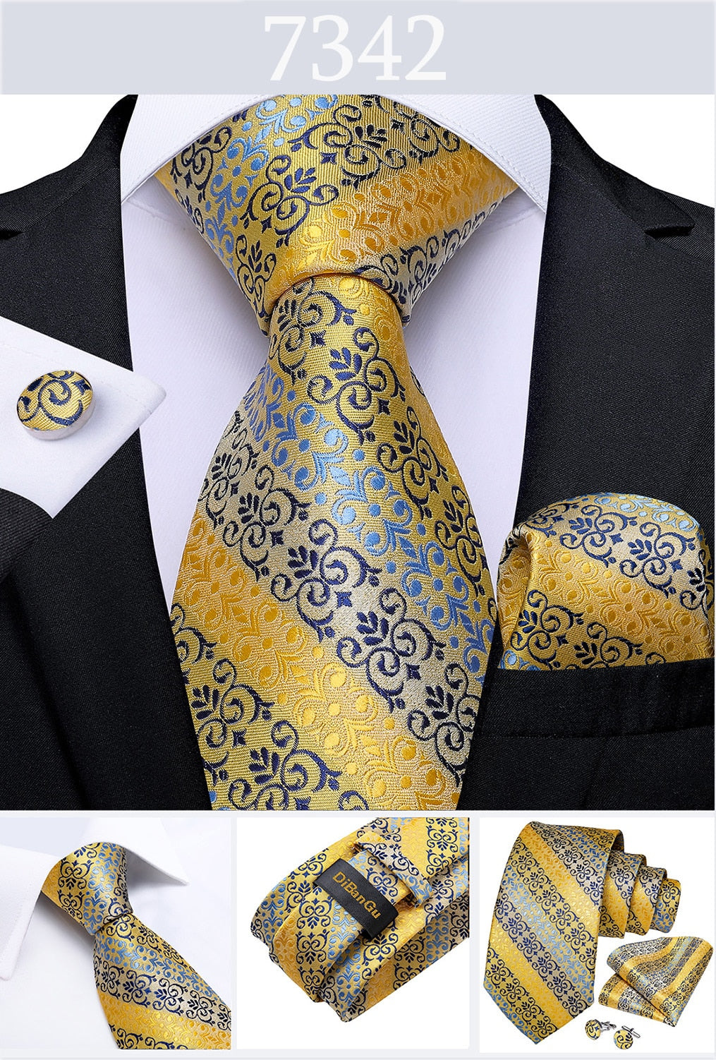 Men's Tie Luxury Yellow Blue Striped Paisley Plaid Silk Wedding Tie For Men's Designer Hanky Cufflinks Gift Tie Set The Clothing Company Sydney