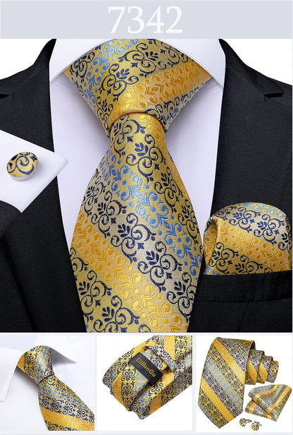Men's Tie Luxury Yellow Blue Striped Paisley Plaid Silk Wedding Tie For Men's Designer Hanky Cufflinks Gift Tie Set The Clothing Company Sydney