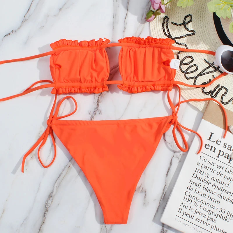2 Piece Pleated Bandeau Swimsuit Low Waist Swimwear Beach Wear Mini Thong Bikini Set Bathing Suit - The Clothing Company Sydney