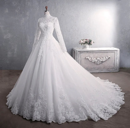 Elegant High Neck With Train Princess Bride Dress Luxury Lace Embroidery Wedding Gown Wedding Dress - The Clothing Company Sydney