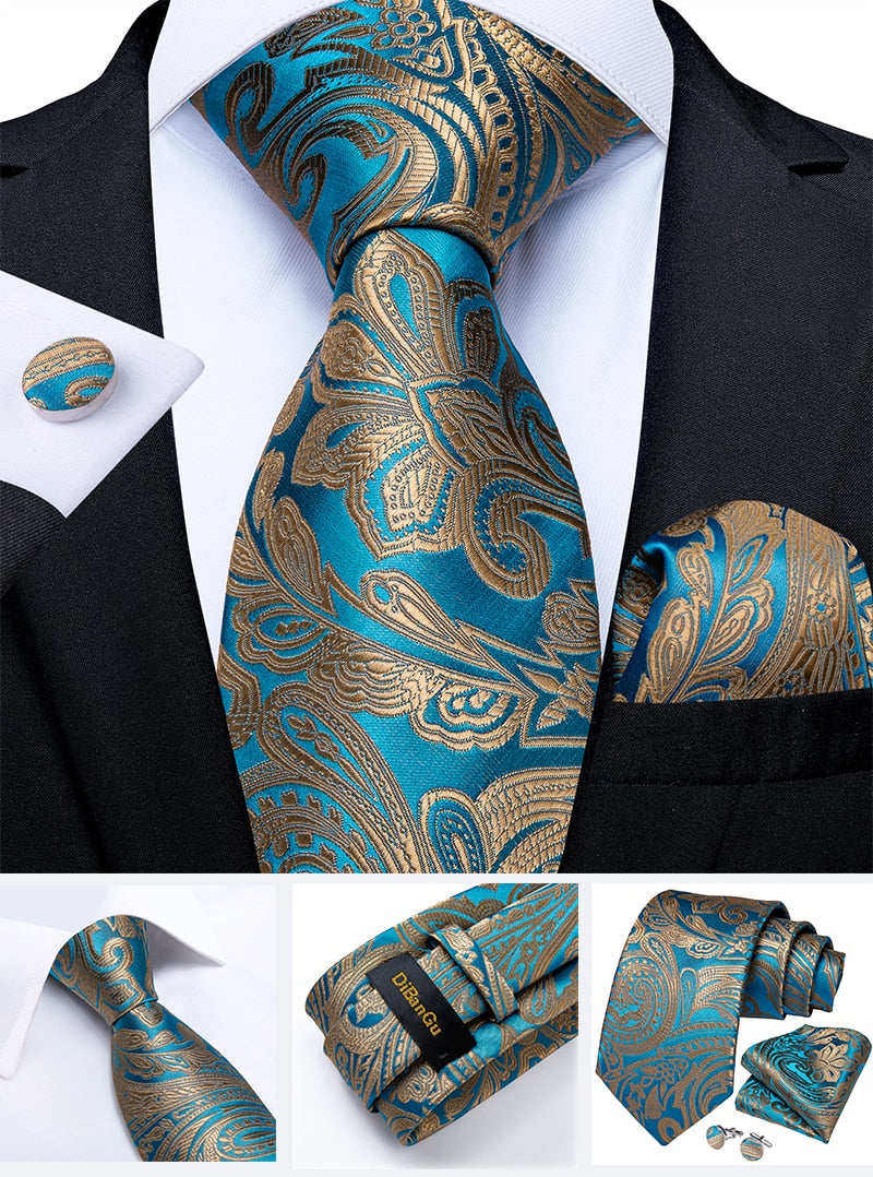 Men's Tie Teal Green Paisley Novelty Design Silk Wedding Tie for Men Handky cufflink Tie Set Party Business Fashion Set The Clothing Company Sydney