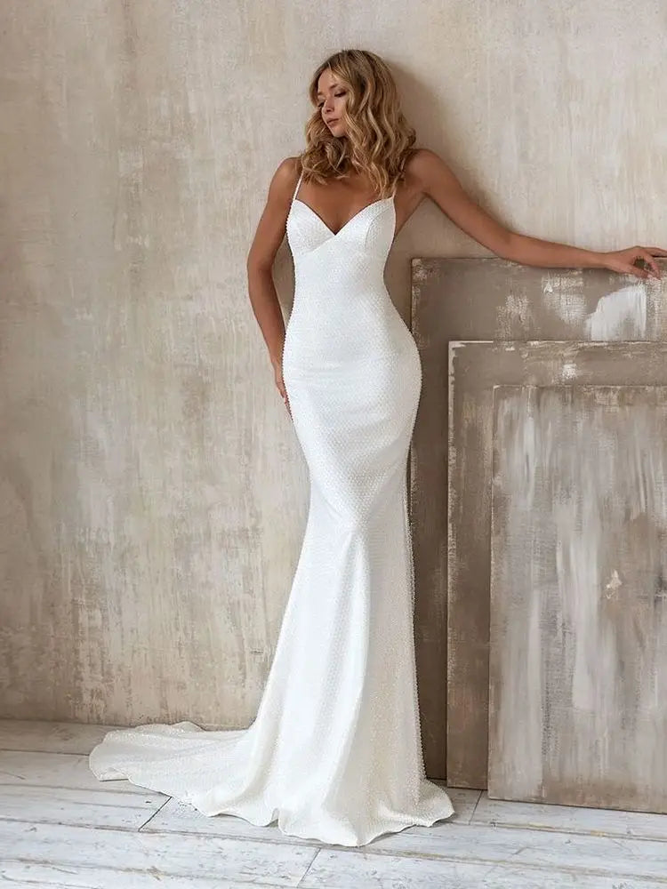 Beach A Line Chiffion Wedding Dresses V-neck Spaghetti Straps Backless Button Boho Bridal Gowns - The Clothing Company Sydney
