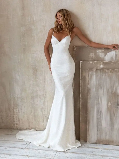 Beach A Line Chiffion Wedding Dresses V-neck Spaghetti Straps Backless Button Boho Bridal Gowns - The Clothing Company Sydney