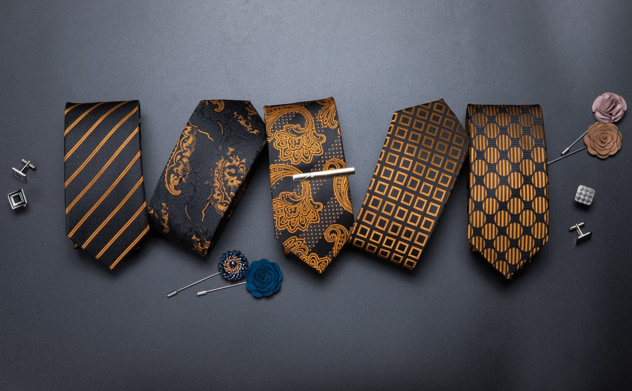 Men's Tie Luxury Yellow Blue Striped Paisley Plaid Silk Wedding Tie For Men's Designer Hanky Cufflinks Gift Tie Set The Clothing Company Sydney