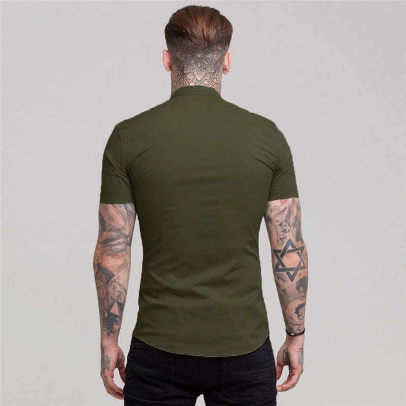 Summer Short Sleeve Shirt Solid Fitness Mens Stand Collar Super Slim Fit Business Dress Shirt Button Gym Tops - The Clothing Company Sydney