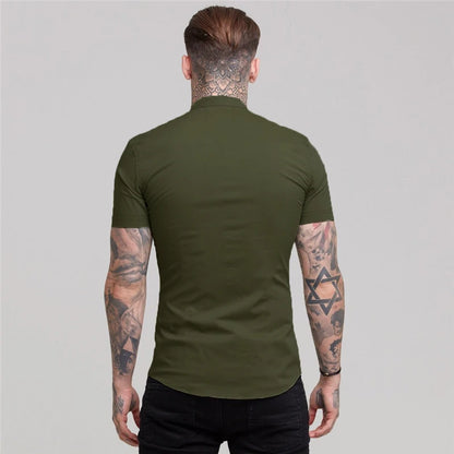 Summer Short Sleeve Shirt Solid Fitness Mens Stand Collar Super Slim Fit Business Dress Shirt Button Gym Tops - The Clothing Company Sydney