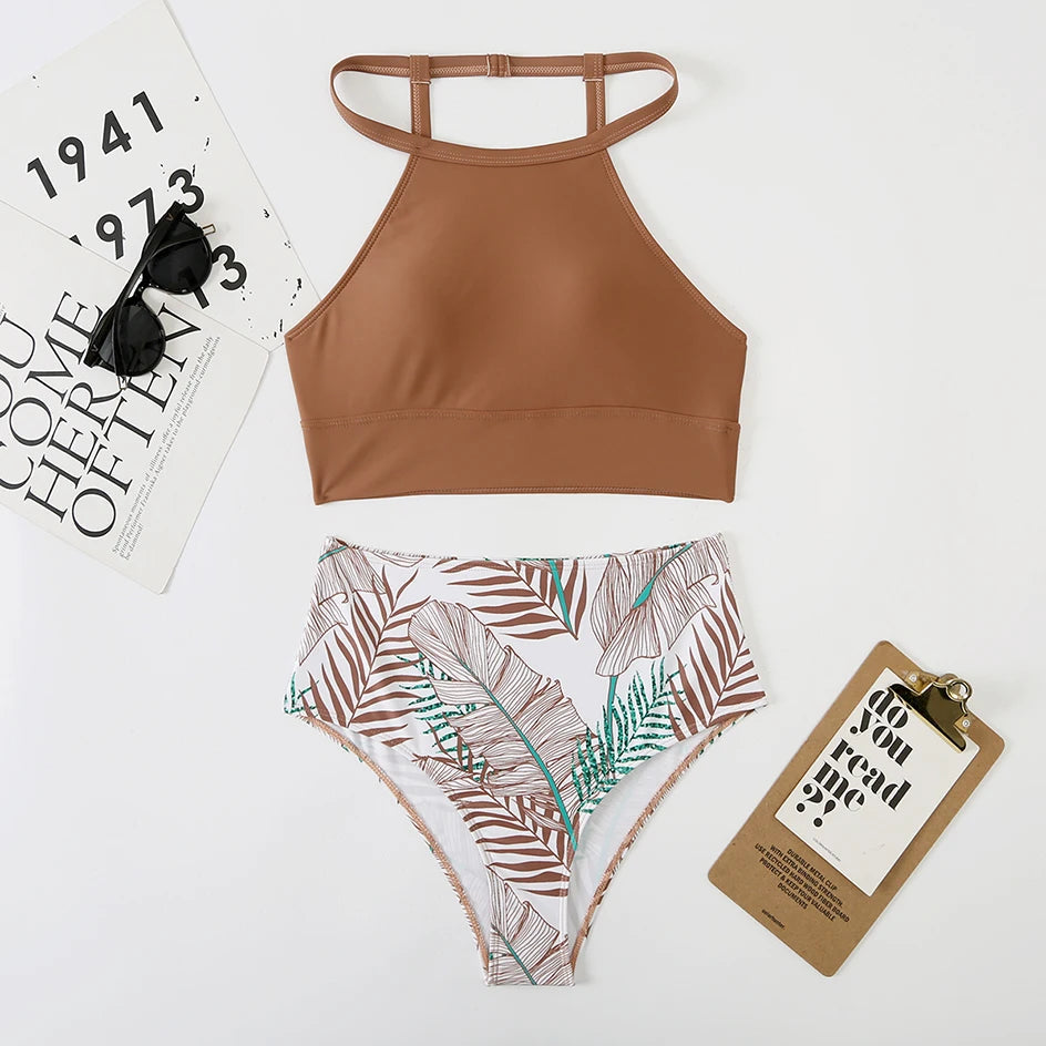 2 Piece High Neck Swimsuit Female Two Piece Swimwear Women High Waist Bikini Set Beach Wear for Bathing Suit The Clothing Company Sydney