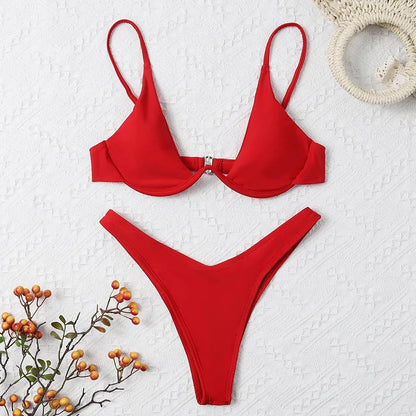 2 Piece Underwire Bikini Women Solid Red Push Up Bra Thong Swimsuit Haler V Neck Bathing Suit Mini Micro Thong Swimwear The Clothing Company Sydney