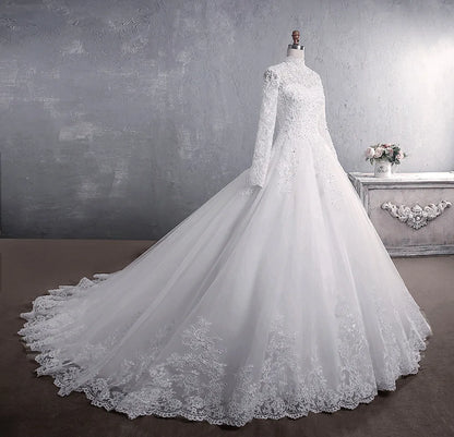 Elegant High Neck With Train Princess Bride Dress Luxury Lace Embroidery Wedding Gown Wedding Dress - The Clothing Company Sydney