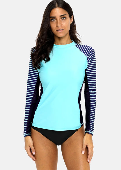 Womens Long Sleeved Rashguard Swimwear Striped Rash Guards Patchwork Surfing Swimsuits UPF50+ Top - The Clothing Company Sydney