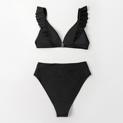 V-neck Ruffled High-waist Bikini Sets Swimsuit Women's Solid Brown Two Pieces Swimwear Beach Bathing Suits The Clothing Company Sydney