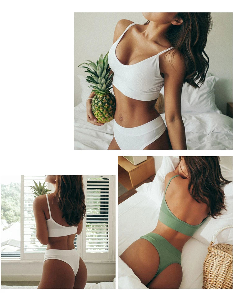 Women Seamless Bra Set Thong Low Waist Panties Wire Free Bra Bralette Lingerie Brassiere Cotton  Underwear Set The Clothing Company Sydney