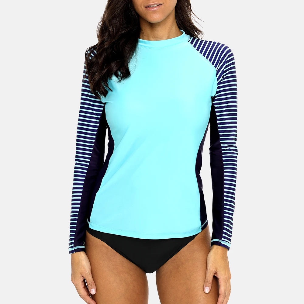 Womens Long Sleeved Rashguard Swimwear Striped Rash Guards Patchwork Surfing Swimsuits UPF50+ Top - The Clothing Company Sydney