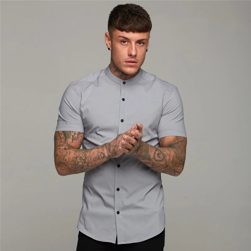 Summer Short Sleeve Shirt Solid Fitness Mens Stand Collar Super Slim Fit Business Dress Shirt Button Gym Tops - The Clothing Company Sydney