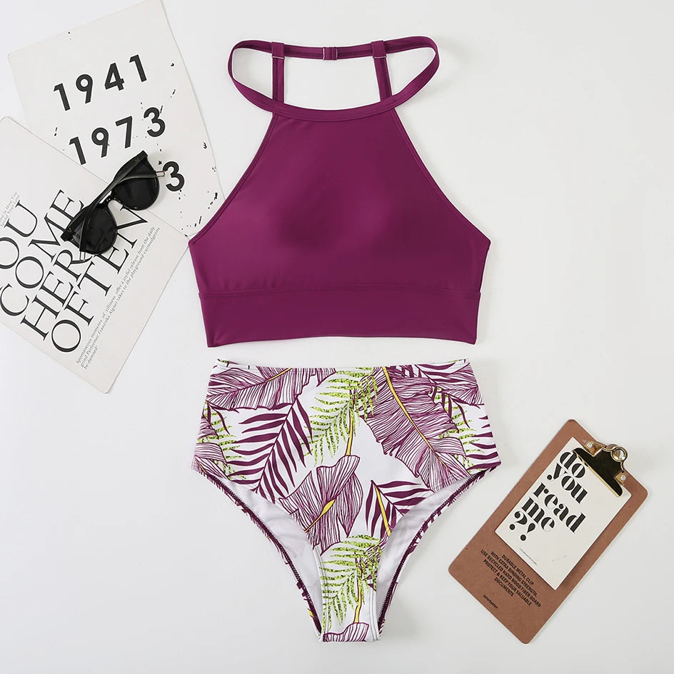 2 Piece High Neck Swimsuit Female Two Piece Swimwear Women High Waist Bikini Set Beach Wear for Bathing Suit The Clothing Company Sydney