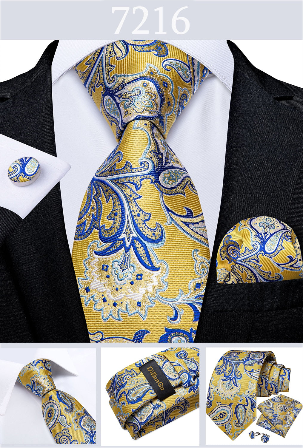 Men's Tie Luxury Yellow Blue Striped Paisley Plaid Silk Wedding Tie For Men's Designer Hanky Cufflinks Gift Tie Set The Clothing Company Sydney