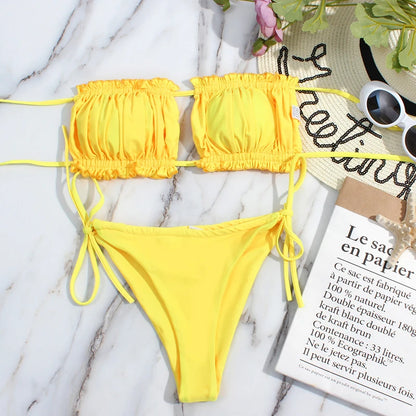2 Piece Pleated Bandeau Swimsuit Low Waist Swimwear Beach Wear Mini Thong Bikini Set Bathing Suit - The Clothing Company Sydney