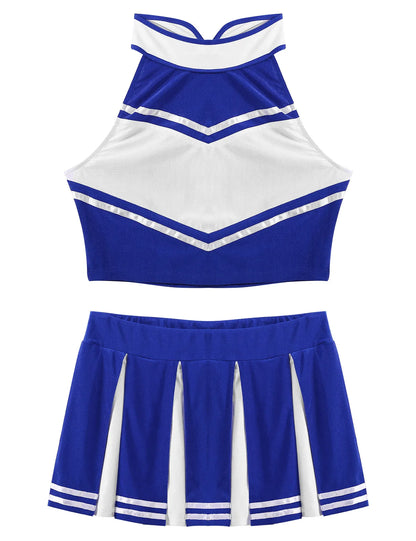 Women's Cheerleading Costume Uniform Carnival Cosplay Outfit Stand Collar Sleeveless Crop Top with Mini Pleated Skirt - The Clothing Company Sydney