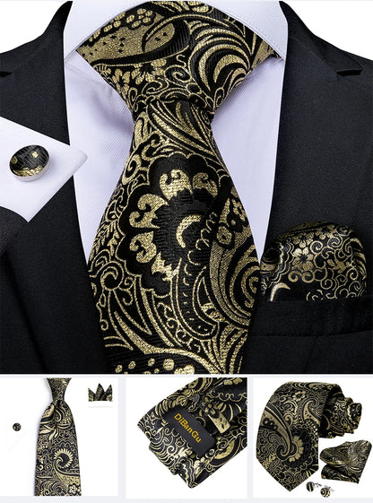Fashion Men's Tie Luxury Gold Blue Black Striped Paisley Silk Wedding Tie For Men Designer Hanky Cufflinks Gift Tie Set - The Clothing Company Sydney