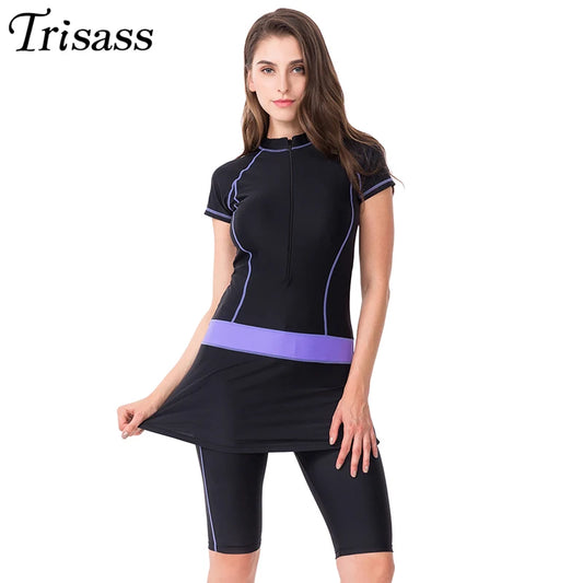 Two Piece Skirt Swimsuit For Women Sports Surf Suit Tankini Long Pants Bathing suit With Zipper Sleeve Swimwear - The Clothing Company Sydney