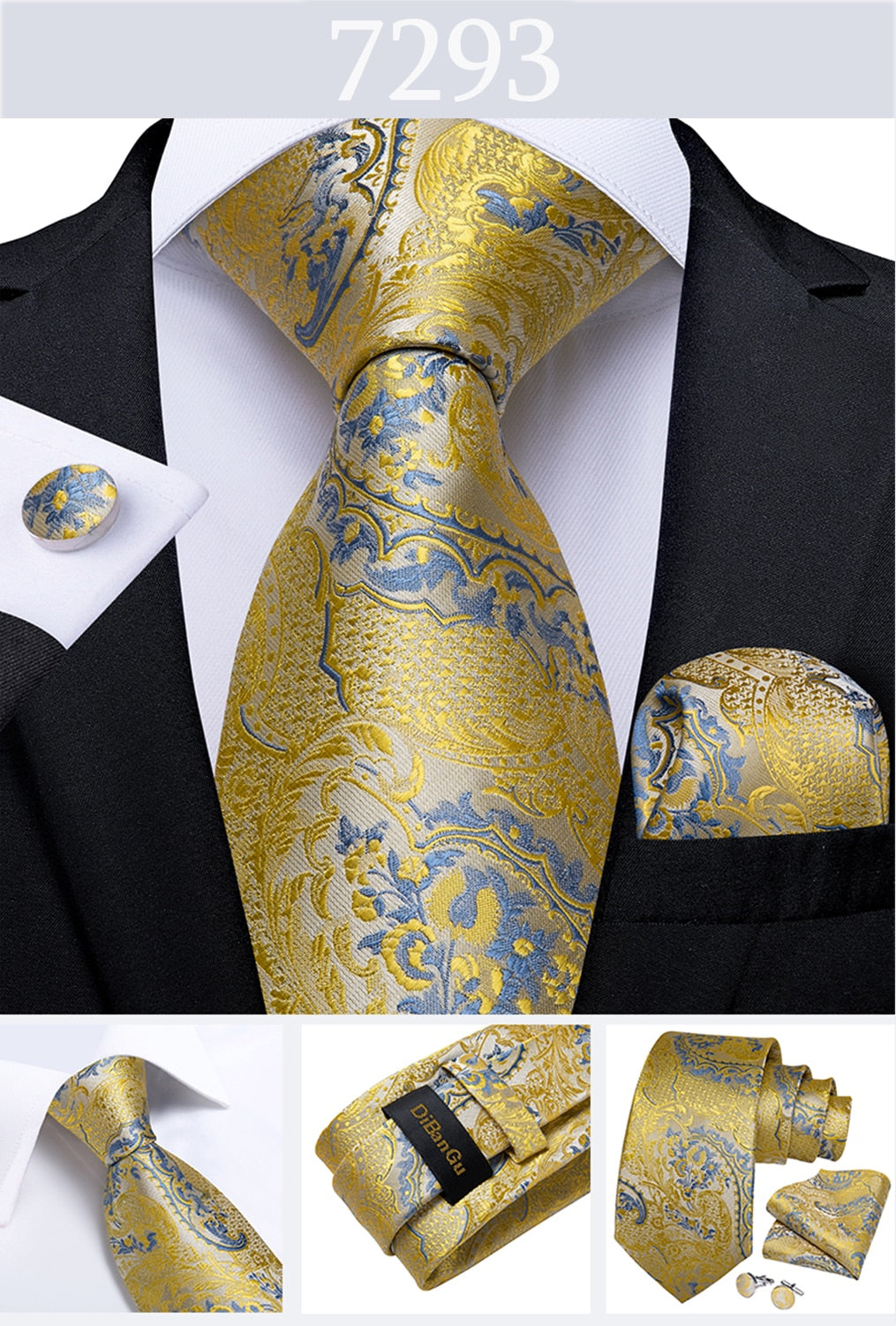 Men's Tie Luxury Yellow Blue Striped Paisley Plaid Silk Wedding Tie For Men's Designer Hanky Cufflinks Gift Tie Set The Clothing Company Sydney