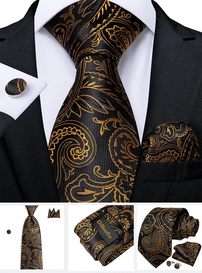 Fashion Men's Tie Luxury Gold Blue Black Striped Paisley Silk Wedding Tie For Men Designer Hanky Cufflinks Gift Tie Set - The Clothing Company Sydney
