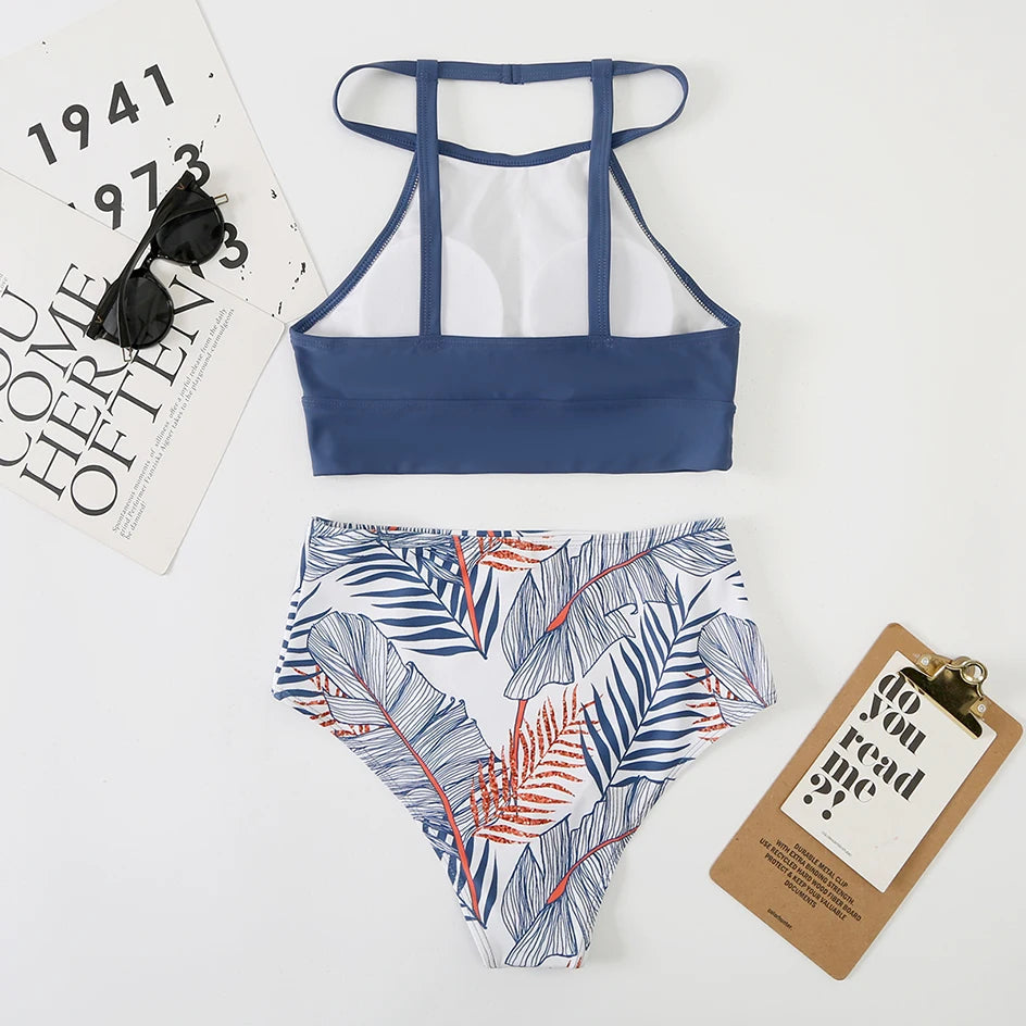 2 Piece High Neck Swimsuit Female Two Piece Swimwear Women High Waist Bikini Set Beach Wear for Bathing Suit The Clothing Company Sydney