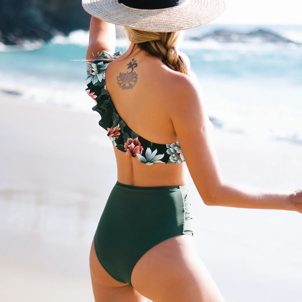 2 Piece Green Floral One Shoulder Bikini Set The Clothing Company Sydney