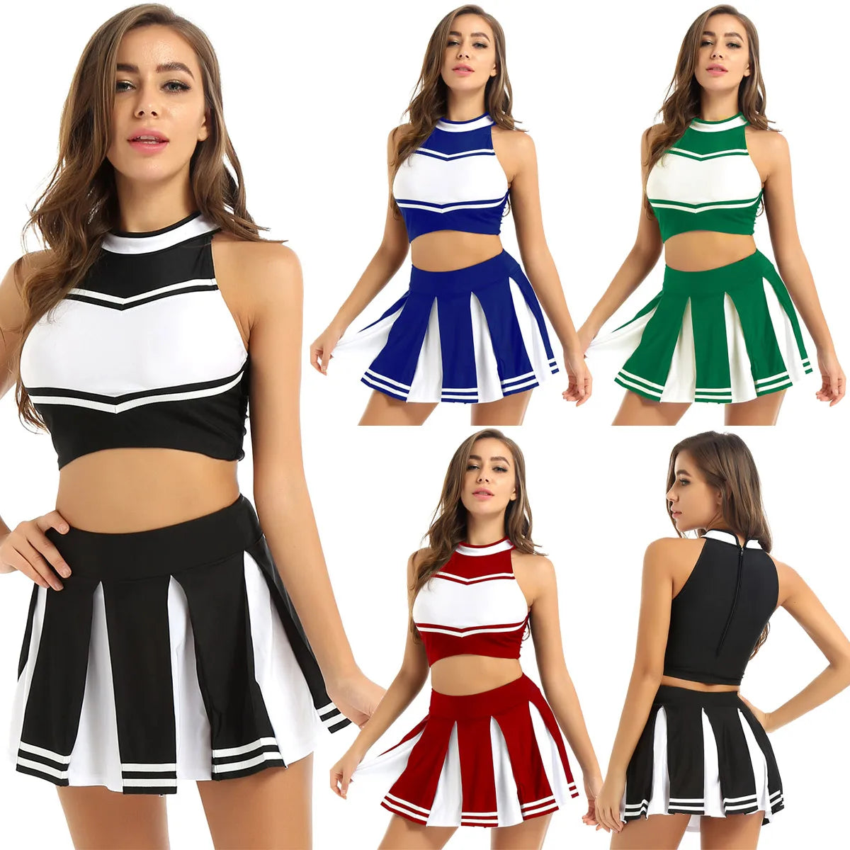 Women's Cheerleader Cosplay Costume Uniform Outfit Stand Collar Crop Top with Mini Pleated Skirts Carnival Cheerleading Suit The Clothing Company Sydney