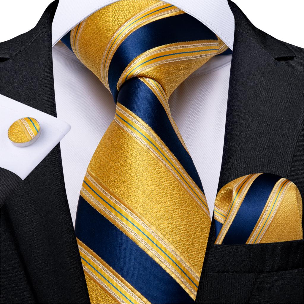Men's Tie Luxury Yellow Blue Striped Paisley Plaid Silk Wedding Tie For Men's Designer Hanky Cufflinks Gift Tie Set The Clothing Company Sydney