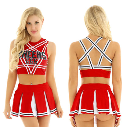 Women's Cheerleader Cosplay Costume Uniform Outfit Stand Collar Crop Top with Mini Pleated Skirts Carnival Cheerleading Suit The Clothing Company Sydney