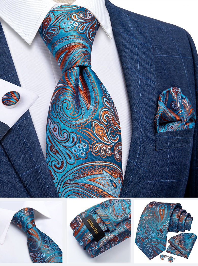 Men's Tie Teal Green Paisley Novelty Design Silk Wedding Tie for Men Handky cufflink Tie Set Party Business Fashion Set The Clothing Company Sydney