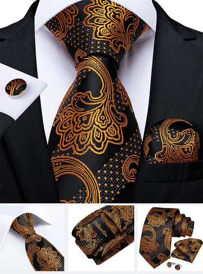 Fashion Men's Tie Luxury Gold Blue Black Striped Paisley Silk Wedding Tie For Men Designer Hanky Cufflinks Gift Tie Set - The Clothing Company Sydney