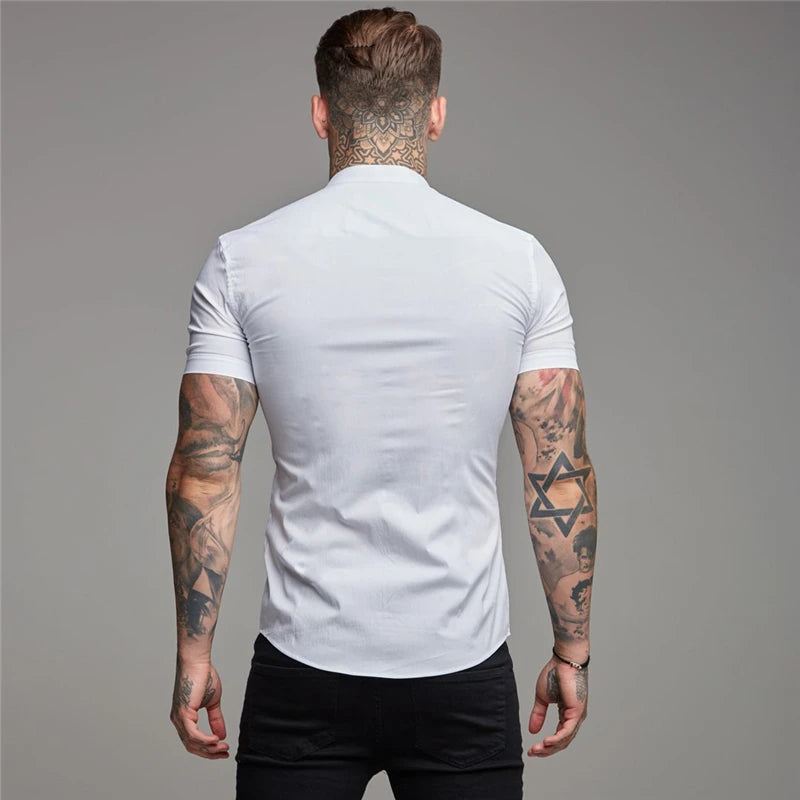Summer Short Sleeve Shirt Solid Fitness Mens Stand Collar Super Slim Fit Business Dress Shirt Button Gym Tops - The Clothing Company Sydney