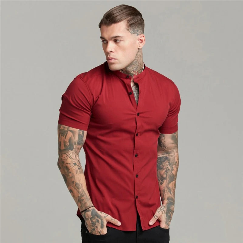Summer Short Sleeve Shirt Solid Fitness Mens Stand Collar Super Slim Fit Business Dress Shirt Button Gym Tops - The Clothing Company Sydney