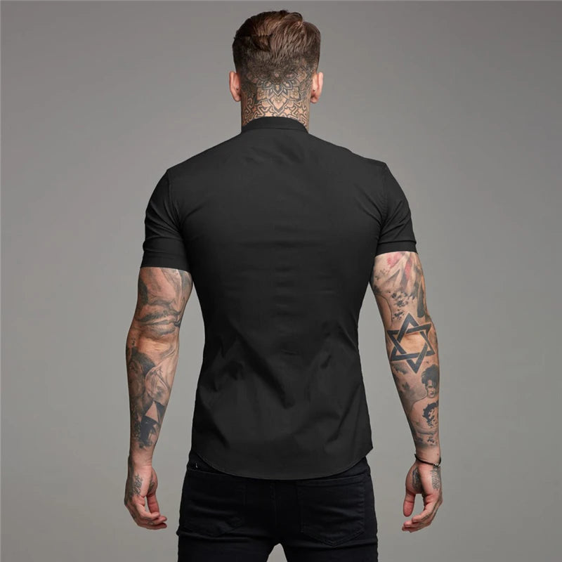 Summer Short Sleeve Shirt Solid Fitness Mens Stand Collar Super Slim Fit Business Dress Shirt Button Gym Tops - The Clothing Company Sydney