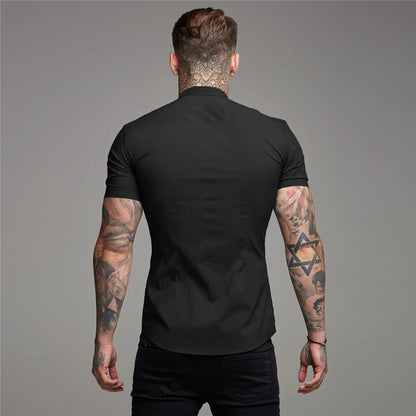 Summer Short Sleeve Shirt Solid Fitness Mens Stand Collar Super Slim Fit Business Dress Shirt Button Gym Tops - The Clothing Company Sydney