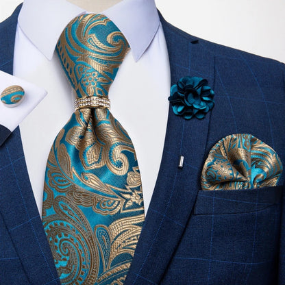 5 Piece Designer Blue Red Paisley Ties Wedding Party Neck Tie Luxury Tie Ring Brooch Silk Tie Set Gift For Men - The Clothing Company Sydney