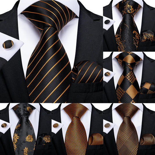 Fashion Men's Tie Luxury Gold Blue Black Striped Paisley Silk Wedding Tie For Men Designer Hanky Cufflinks Gift Tie Set - The Clothing Company Sydney