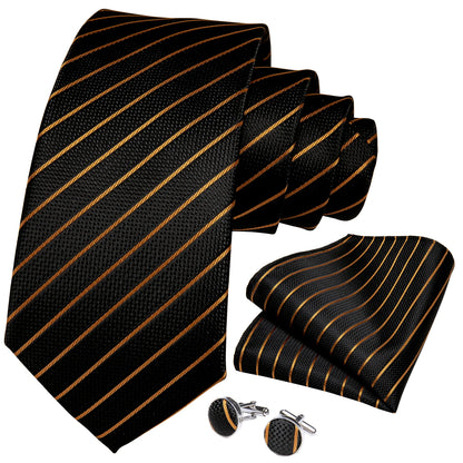 Fashion Men's Tie Luxury Gold Blue Black Striped Paisley Silk Wedding Tie For Men Designer Hanky Cufflinks Gift Tie Set - The Clothing Company Sydney