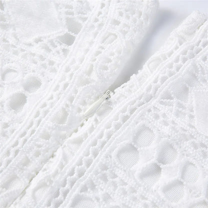 Hollow Out White Women's Mini Chiffon Semi-Sheer Plunge V-Neck Long Sleeve Crochet Lace Dress - The Clothing Company Sydney