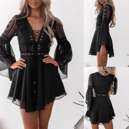 Hollow Out White Women's Mini Chiffon Semi-Sheer Plunge V-Neck Long Sleeve Crochet Lace Dress - The Clothing Company Sydney