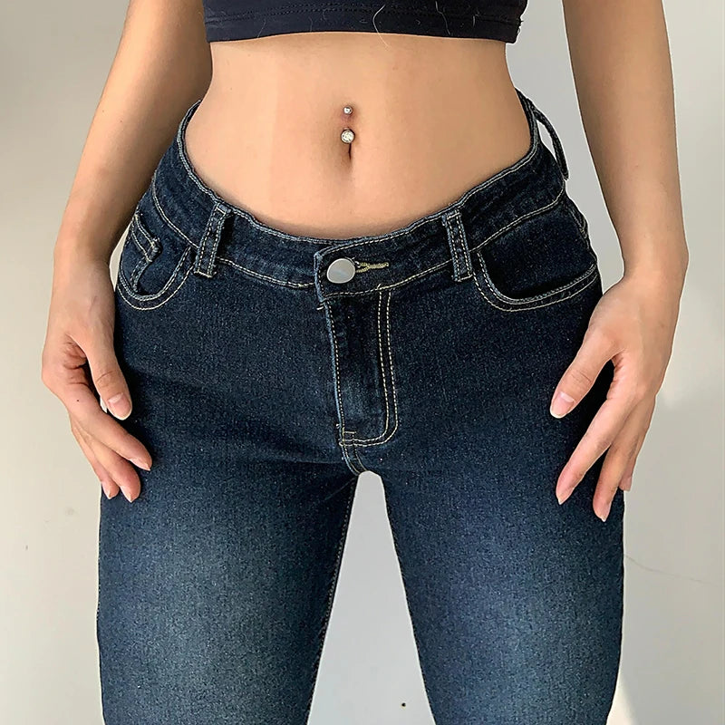 Vintage Skinny Y2K Low Waist Female Streetwear l Aesthetic Chic Pants Solid Slim Flared Denim Jeans - The Clothing Company Sydney
