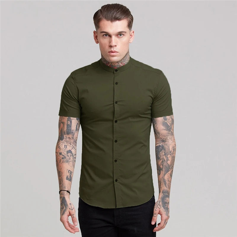 Summer Short Sleeve Shirt Solid Fitness Mens Stand Collar Super Slim Fit Business Dress Shirt Button Gym Tops - The Clothing Company Sydney