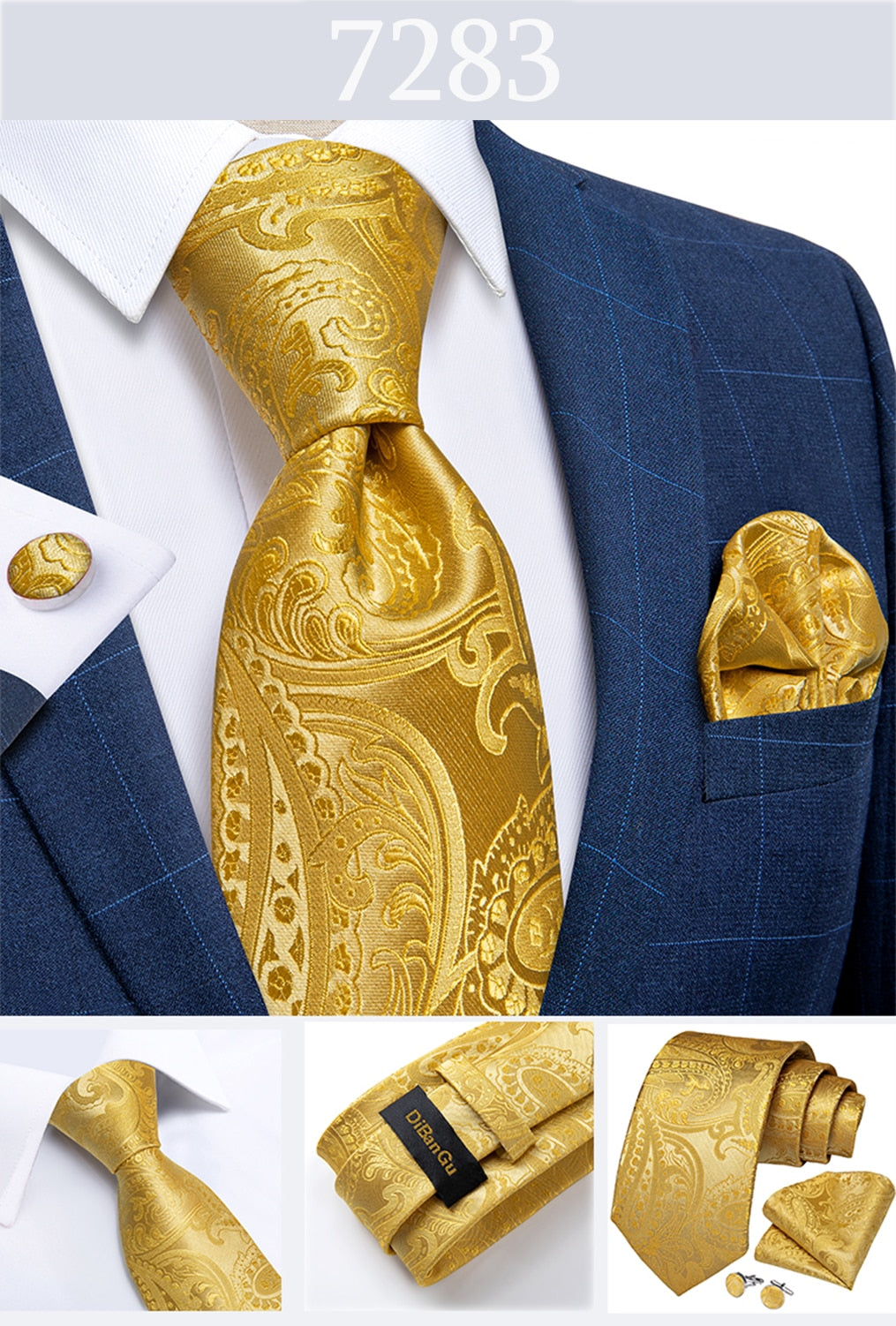 Men's Tie Luxury Yellow Blue Striped Paisley Plaid Silk Wedding Tie For Men's Designer Hanky Cufflinks Gift Tie Set The Clothing Company Sydney