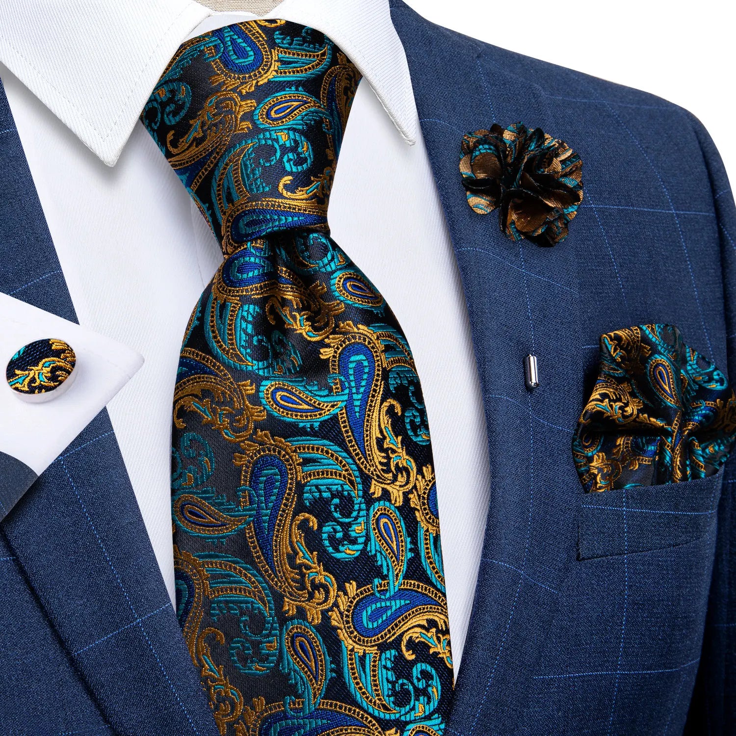 4 Piece Paisley Neck Ties 8cm Wide Silk Tie Pocket Square Cufflinks Brooch Christmas Gift Sets For Men - The Clothing Company Sydney
